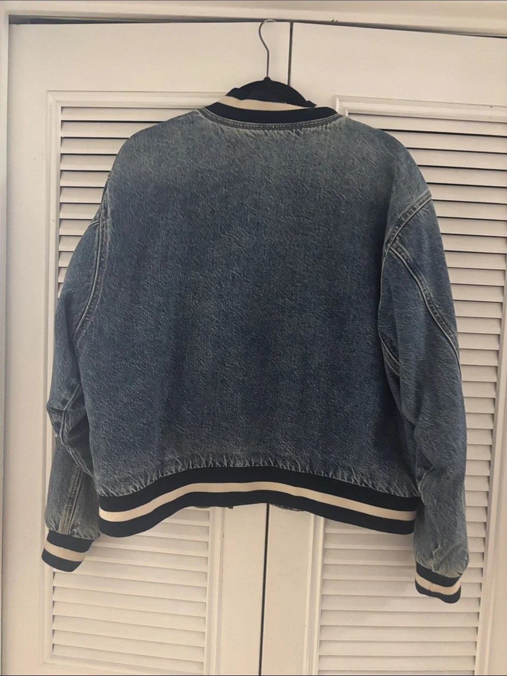BDG Light Wash Denim Bomber with Navy & Cream Striped Trim - Picture 3 of 3